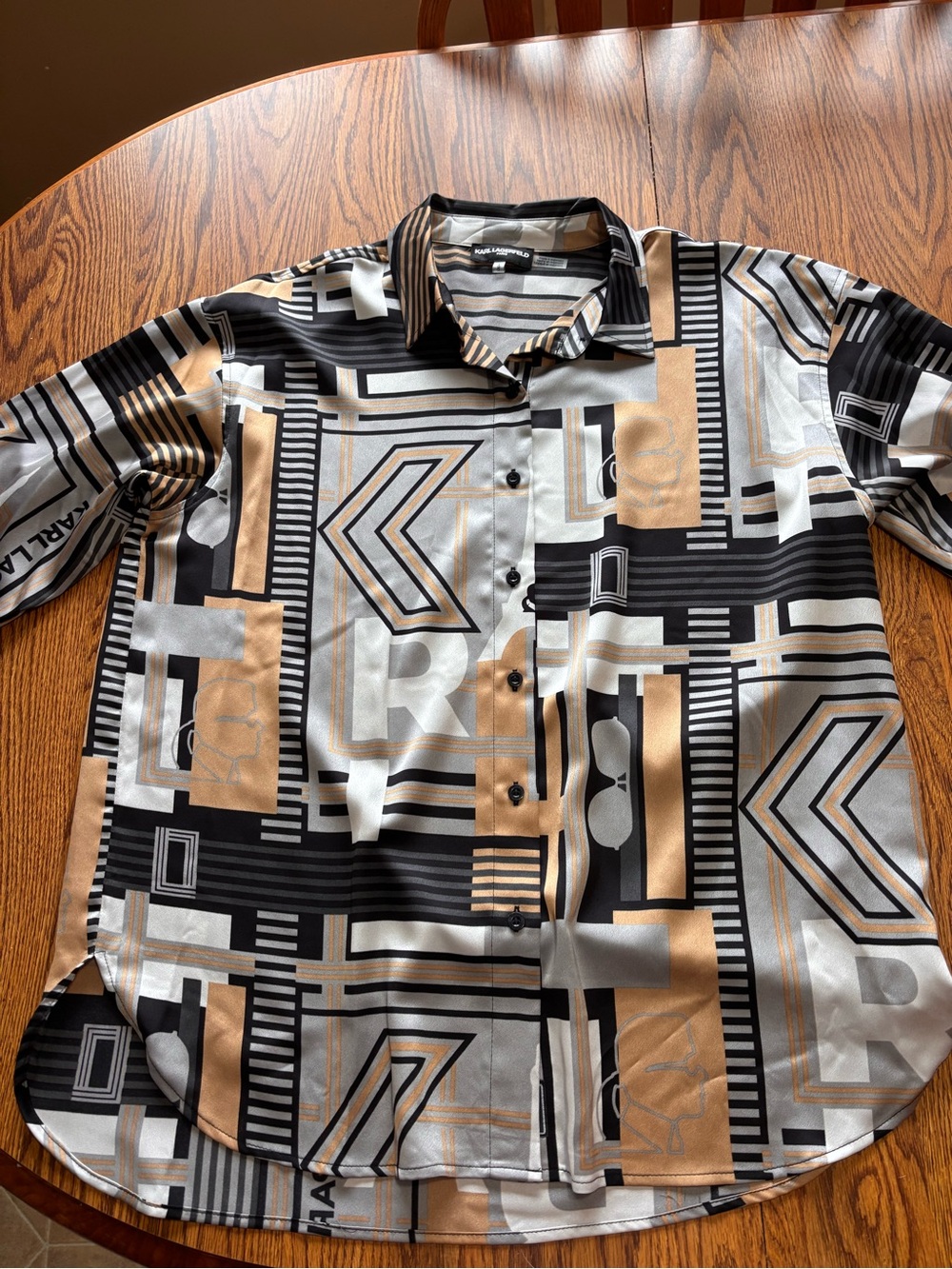 Karl Lagerfeld women’s Geometric Button-Down Shirt in Black, White & Tan